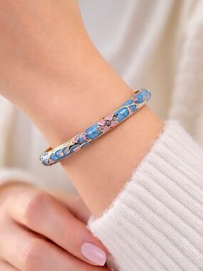 Cotton Candy Blue & Pink Flower Enamel Cloisonne Bracelet Bangle style 2